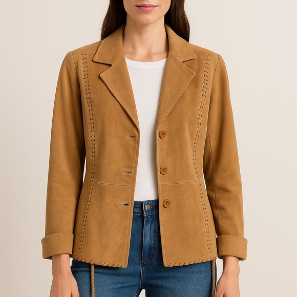 Helline Tan Suede Jacket | Western Whipstitch Leather Blazer | Size 42 - Picture 1 of 6
